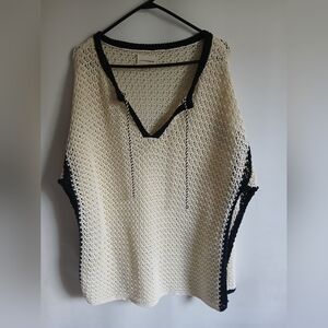 Lucky Brand Cream Black Trim Tie Neckline Open Weave Cotton Beach Cover Up  SzXL